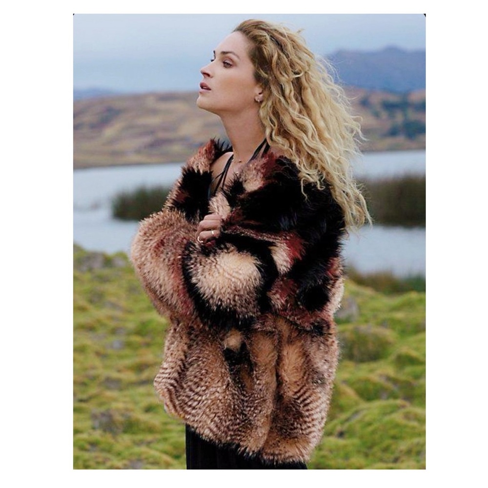 Free People Scarlet Faux Fur Jacket in Red Multi. Size Small.